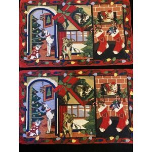 Christmas Holiday Tapestry Placemats Dogs Cats Festive Decor Set